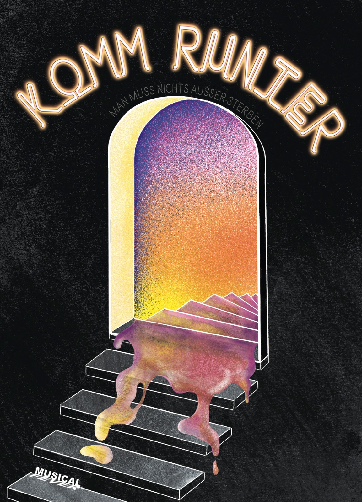 Komm Runter - Flyer (Ein Tor symbolisiert den Übergang zwischen der tristen Welt der Lebenden und der bunten Totenwelt)